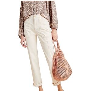 Anthropologie Cream Striped High Rise Straight Leg Utility Pants